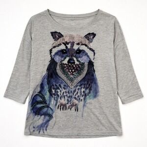 Unique Art to wear Raccoon Graphic Top Watercolor Scoop Neck L Cotton Maximalist